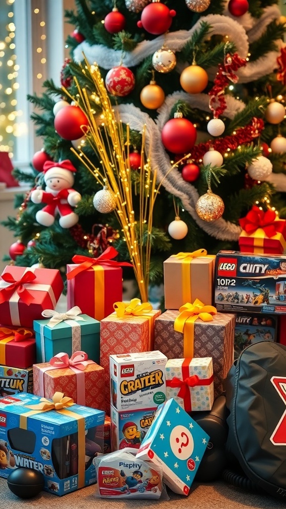 A festive display of Christmas gifts for boys under a decorated tree, showcasing toys, games, and sports equipment.
